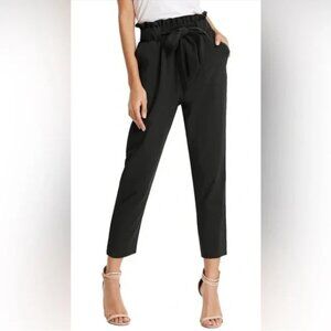 Grace Karin Black High-Waisted Paper Bag Pants with Tie Belt Biz Casual Sz M